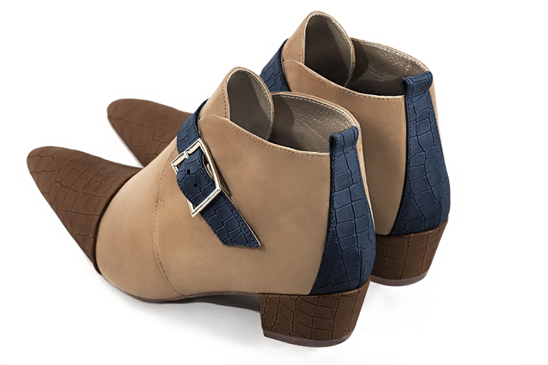 Caramel brown, tan beige and denim blue women's ankle boots with buckles at the front. Tapered toe. Low cone heels. Rear view - Florence KOOIJMAN